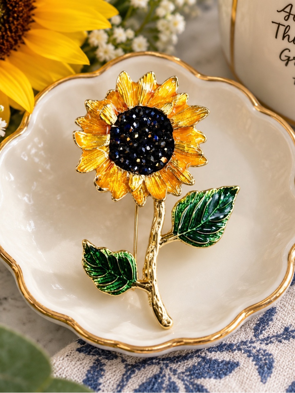 New Sunflower Brooch Gold Tone Yellow Green Enamel Rhinestone Floral Pin | Ver 1